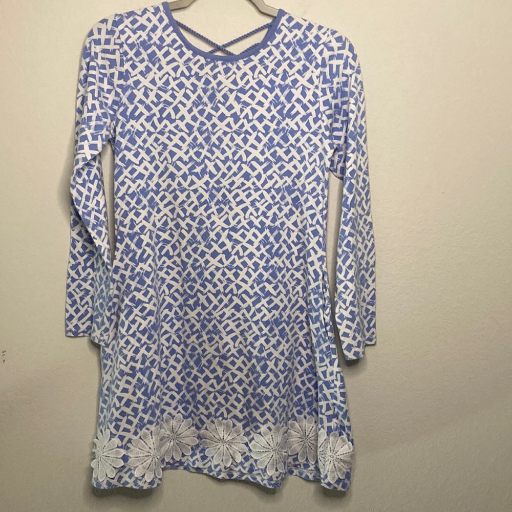 Girls three friends blue & white long sleeve dress with white flowers size 14